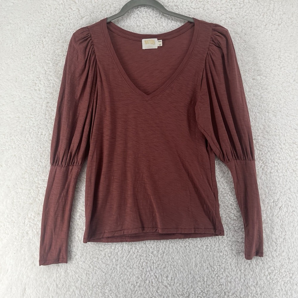 Nation LTD Top Small Emilia Drama Puff Sleeve V-Neck Pink Anthropologie Boho